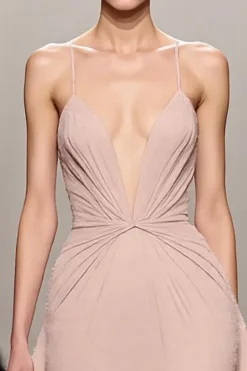 Marfim Uma linha de cetim Ruched espaguete correias longo vestido de noite