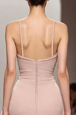 Marfim Uma linha de cetim Ruched espaguete correias longo vestido de noite