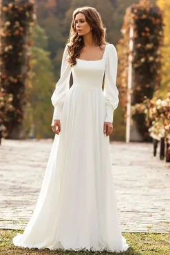 Marfim Uma linha de pescoço quadrado manga longa vestido de noiva