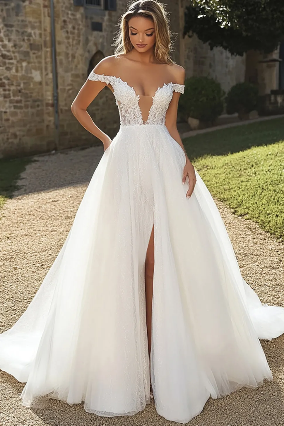 Marfim Uma linha de tule fora do ombro Applliqued vestido de noiva com fenda