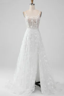 Marfim Uma Linha Espaguete Correias Applique Lace Corset Vestido de Noiva com Fenda