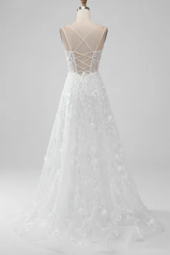 Marfim Uma Linha Espaguete Correias Applique Lace Corset Vestido de Noiva com Fenda