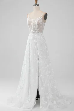 Marfim Uma Linha Espaguete Correias Applique Lace Corset Vestido de Noiva com Fenda
