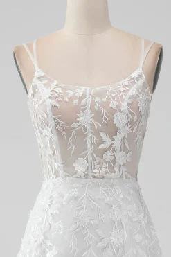 Marfim Uma Linha Espaguete Correias Applique Lace Corset Vestido de Noiva com Fenda
