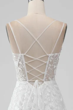 Marfim Uma Linha Espaguete Correias Applique Lace Corset Vestido de Noiva com Fenda