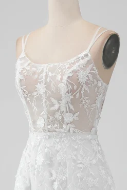 Marfim Uma Linha Espaguete Correias Applique Lace Corset Vestido de Noiva com Fenda