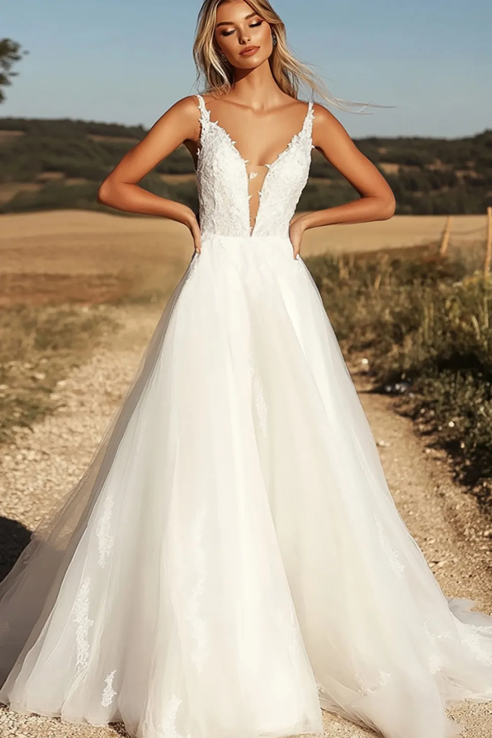 Marfim Uma Linha Esparguete Correias Tule Appliqued Vestido de Noiva