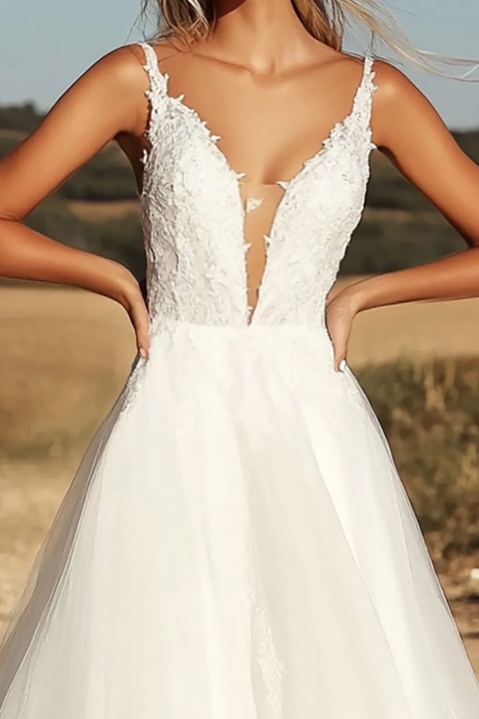 Marfim Uma Linha Esparguete Correias Tule Appliqued Vestido de Noiva