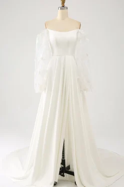 Marfim Uma linha Long Chiffon vestido de noiva com borboletas 3D mangas longas