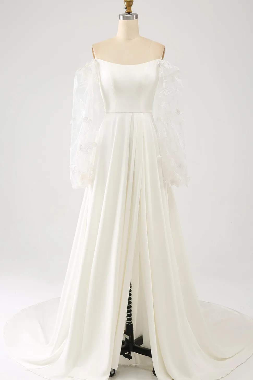 Marfim Uma linha Long Chiffon vestido de noiva com borboletas 3D mangas longas