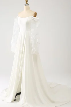 Marfim Uma linha Long Chiffon vestido de noiva com borboletas 3D mangas longas