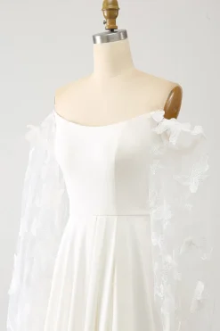 Marfim Uma linha Long Chiffon vestido de noiva com borboletas 3D mangas longas