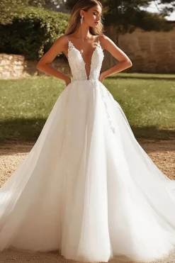 Marfim Uma Linha Tule Sweep/Brush Trem Vestido de Noiva com Renda