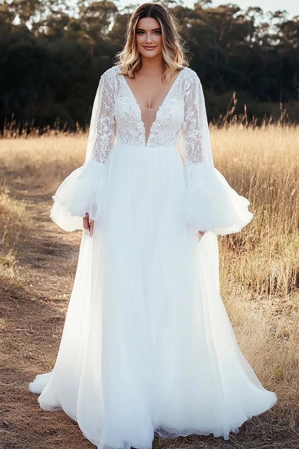 Marfim Uma Linha V Neck Lace Tule Vestido de Noiva com Mangas Longas