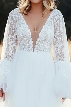 Marfim Uma Linha V Neck Lace Tule Vestido de Noiva com Mangas Longas