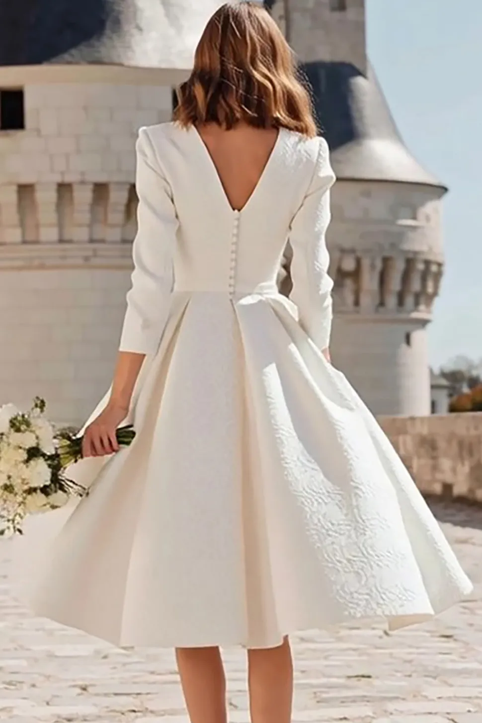 Marfim Uma Linha V Pescoço Midi Registro Office Vestido de Noiva
