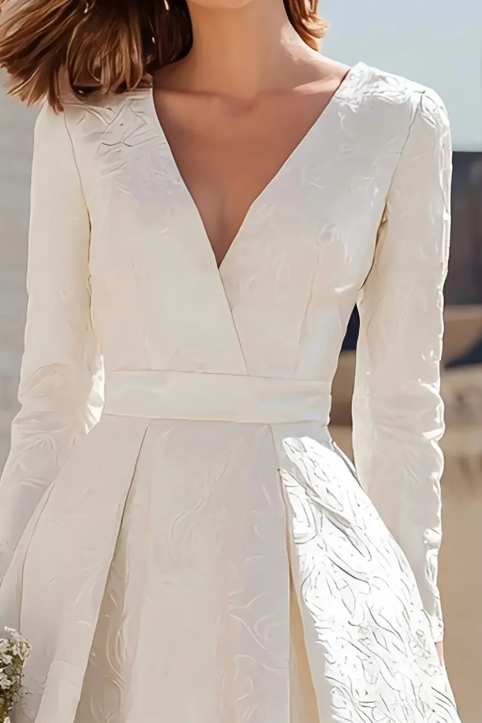 Marfim Uma Linha V Pescoço Midi Registro Office Vestido de Noiva