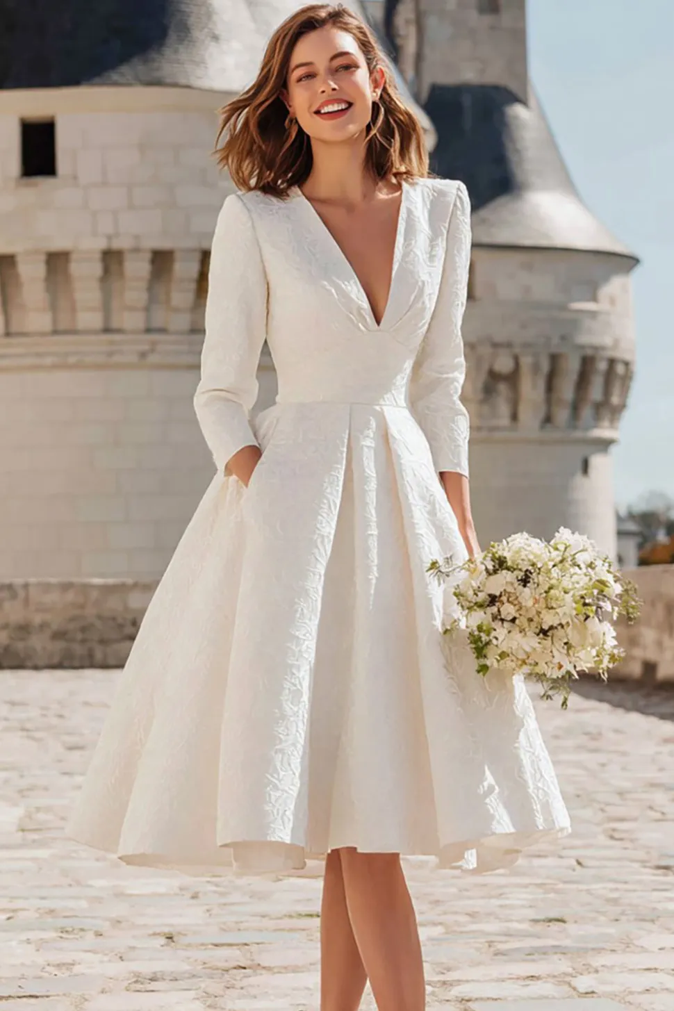 Marfim Uma Linha V-Neck Midi Vestido de Noivado com 3/4 Mangas