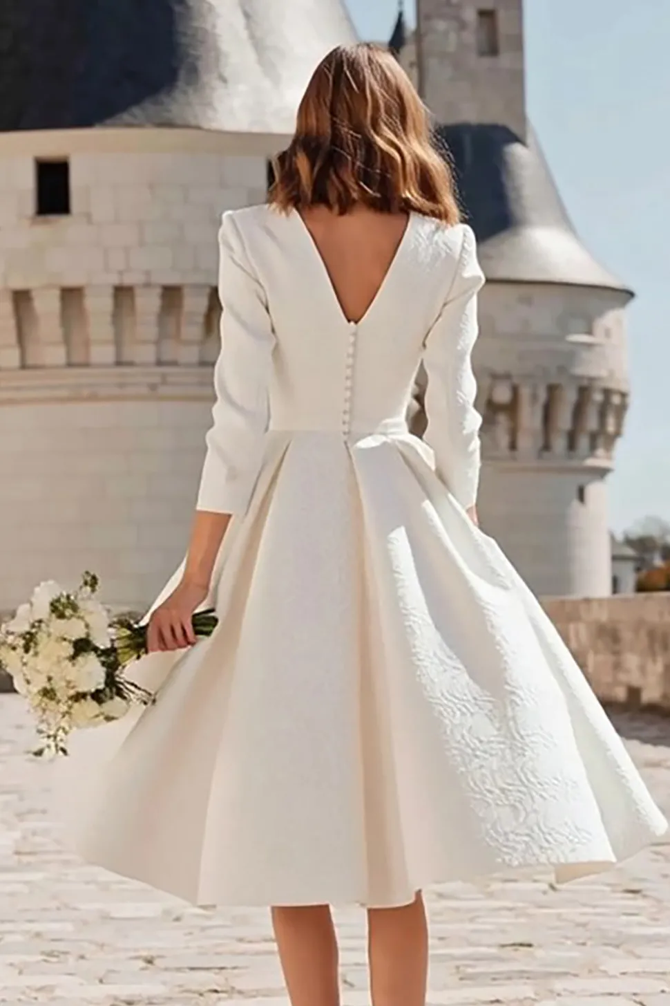 Marfim Uma Linha V-Neck Midi Vestido de Noivado com 3/4 Mangas