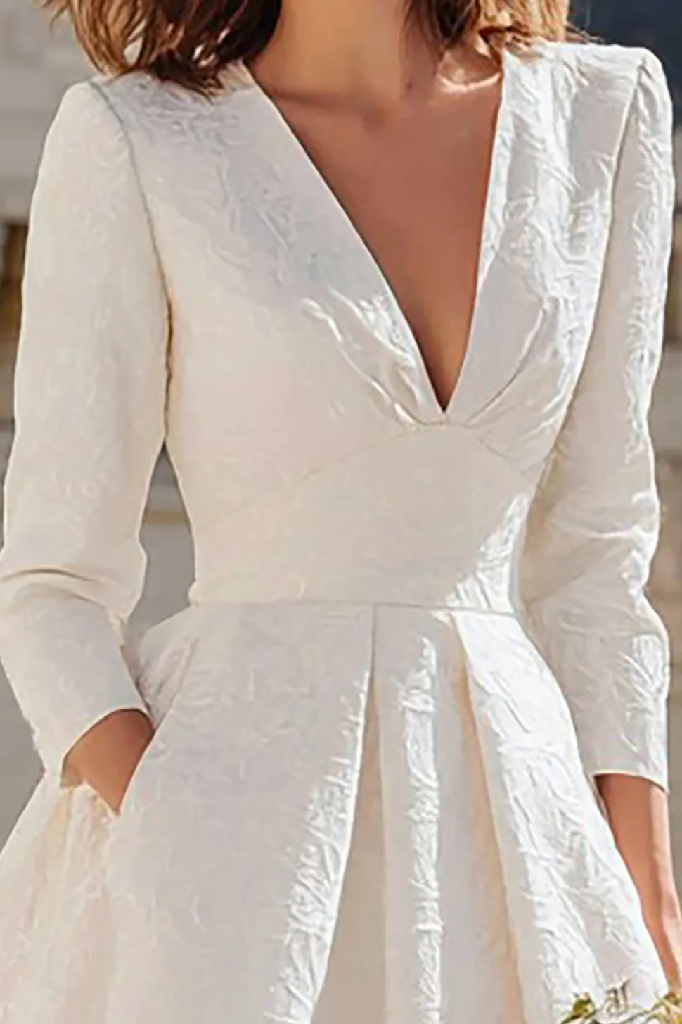 Marfim Uma Linha V-Neck Midi Vestido de Noivado com 3/4 Mangas