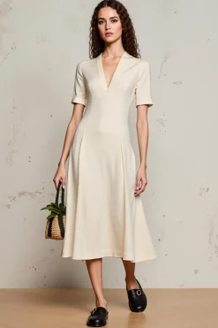 Marfim Uma Linha V-Neck Midi Vestido de Noiva com Mangas