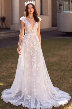 Marfim V pescoço uma linha vestido de noiva com renda