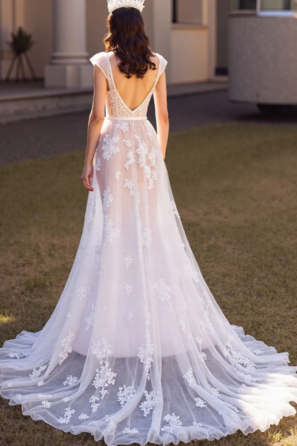 Marfim V pescoço uma linha vestido de noiva com renda