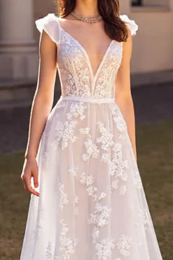 Marfim V pescoço uma linha vestido de noiva com renda