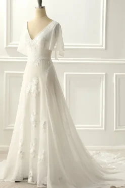 Marfim V pescoço uma linha vestido de noiva longo com apliques
