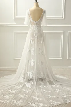 Marfim V pescoço uma linha vestido de noiva longo com apliques