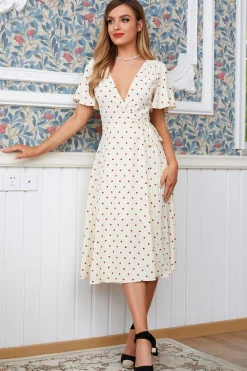 Marfim Vermelho Vestido Envoltório de Bolinhas