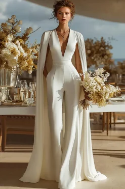 Marfim V-Neck Equipado Macacões de Noiva com Cabo