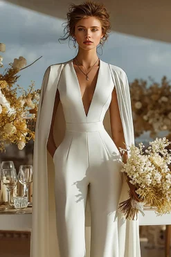 Marfim V-Neck Equipado Macacões de Noiva com Cabo