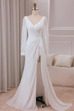 Marfim V-neck mangas longas A-line Chiffon vestido de noiva