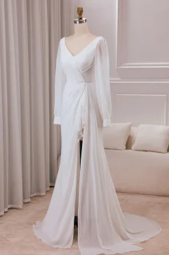Marfim V-neck mangas longas A-line Chiffon vestido de noiva