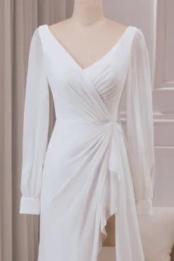 Marfim V-neck mangas longas A-line Chiffon vestido de noiva