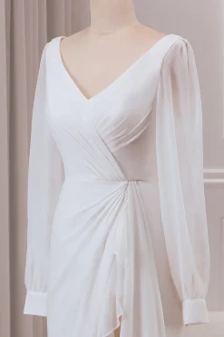 Marfim V-neck mangas longas A-line Chiffon vestido de noiva