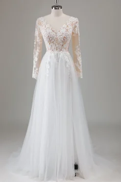 Marfim V-Neck mangas longas vestido de noiva apliqued com fenda