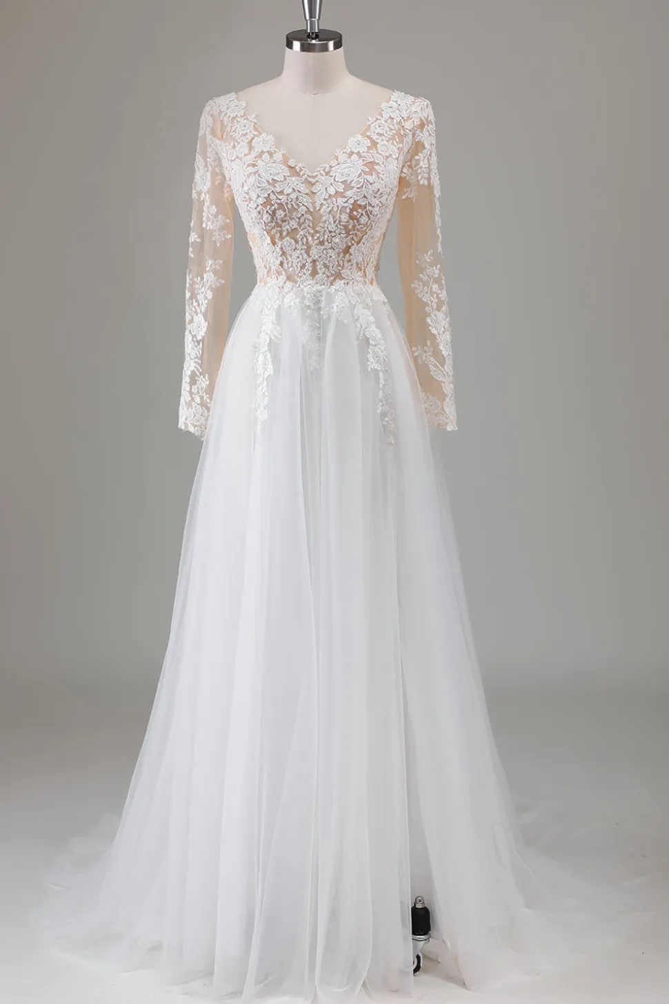 Marfim V-Neck mangas longas vestido de noiva apliqued com fenda