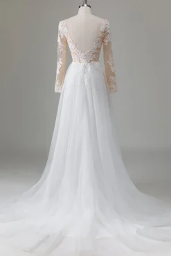 Marfim V-Neck mangas longas vestido de noiva apliqued com fenda