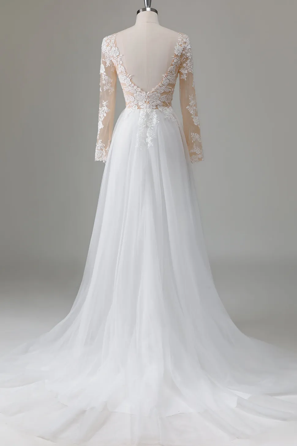Marfim V-Neck mangas longas vestido de noiva apliqued com fenda