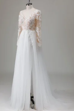 Marfim V-Neck mangas longas vestido de noiva apliqued com fenda