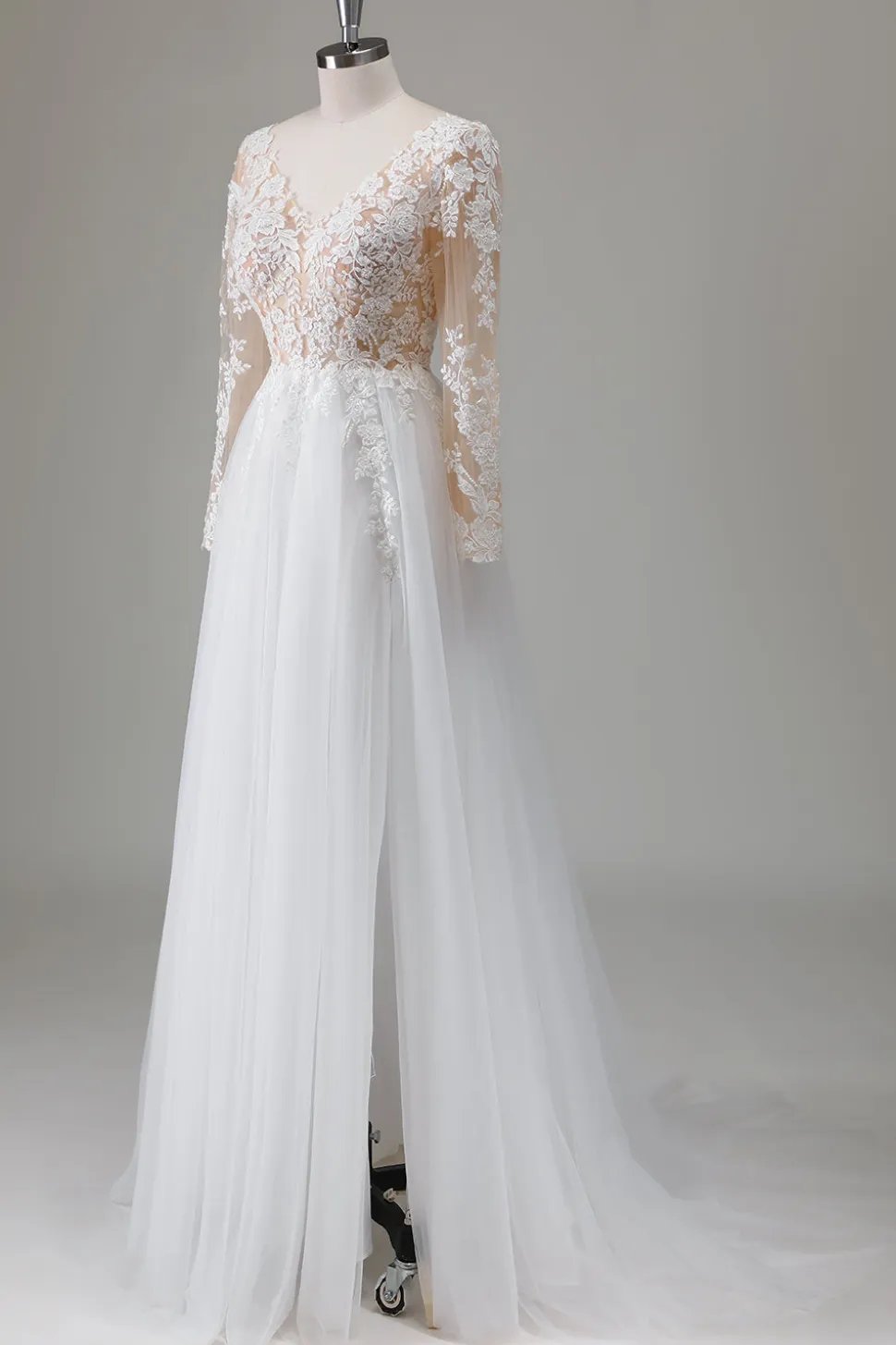 Marfim V-Neck mangas longas vestido de noiva apliqued com fenda