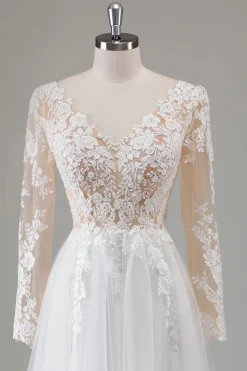 Marfim V-Neck mangas longas vestido de noiva apliqued com fenda