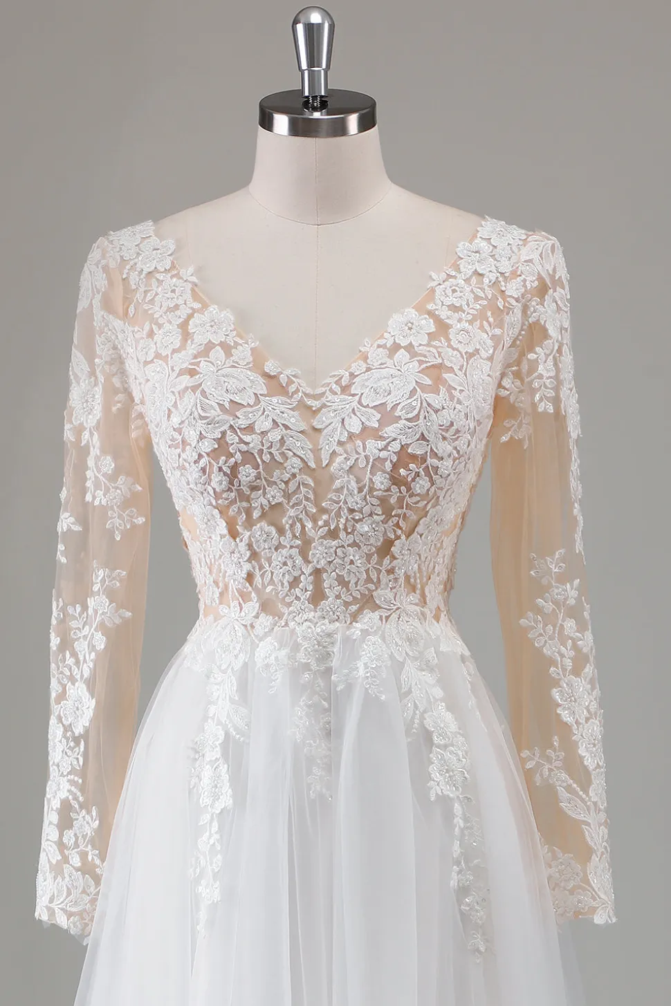 Marfim V-Neck mangas longas vestido de noiva apliqued com fenda