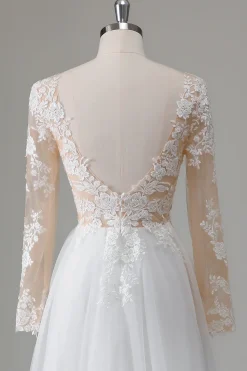 Marfim V-Neck mangas longas vestido de noiva apliqued com fenda