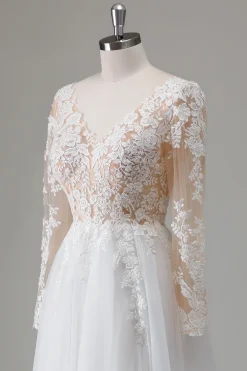 Marfim V-Neck mangas longas vestido de noiva apliqued com fenda