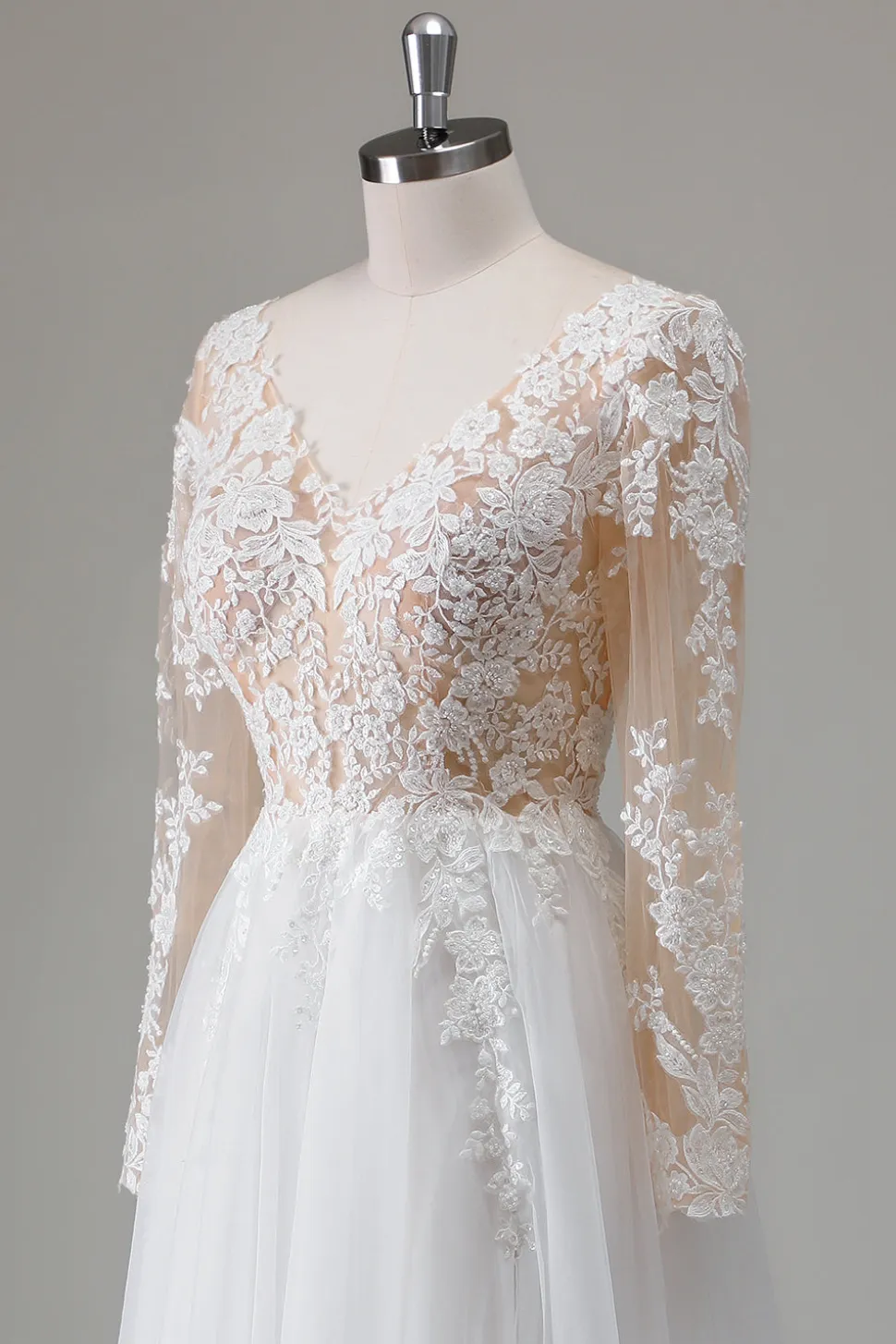 Marfim V-Neck mangas longas vestido de noiva apliqued com fenda