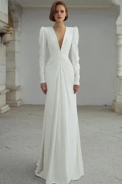 Marfim V-Neck Ruched Bainha Vestido de Noiva Manga Longa