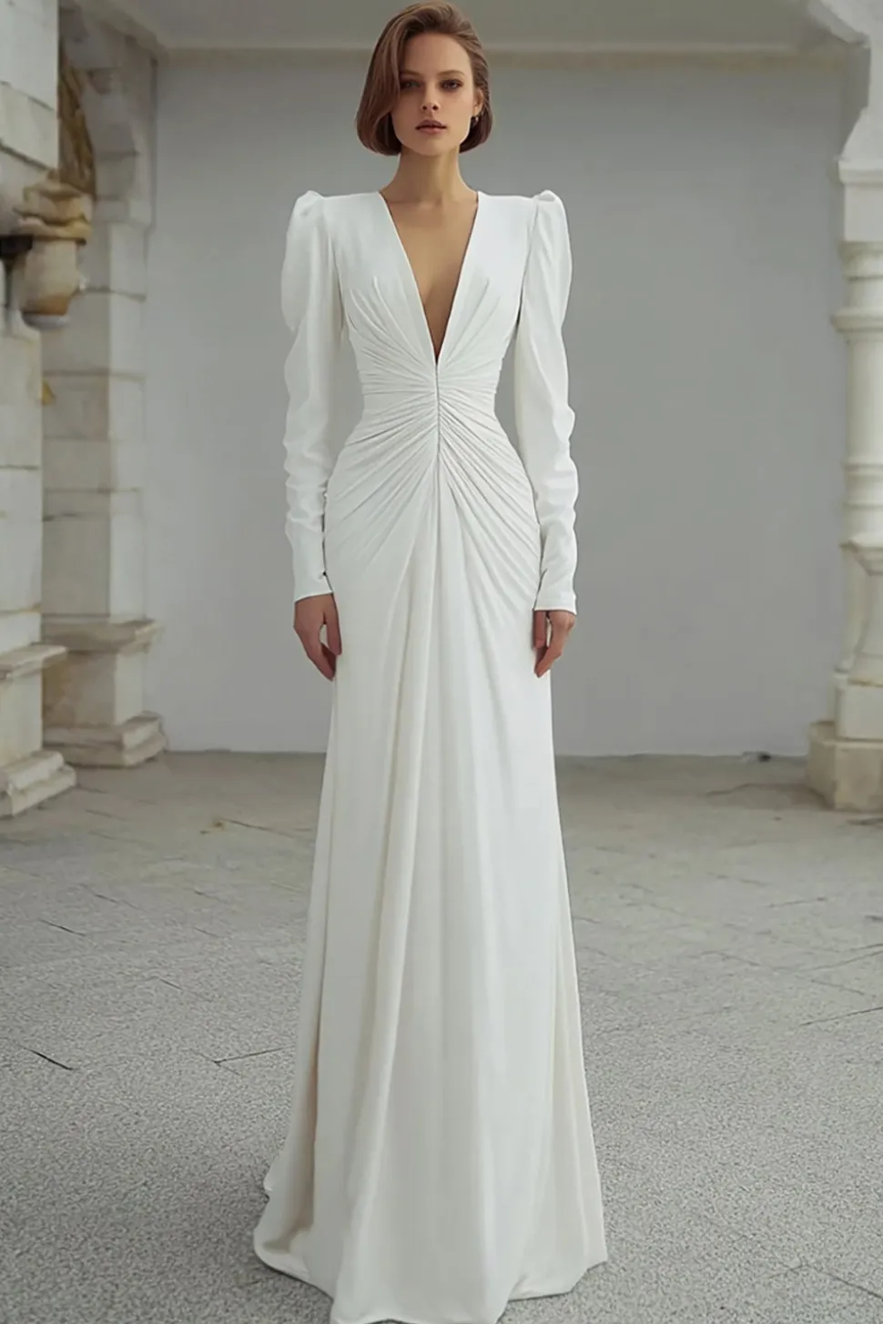 Marfim V-Neck Ruched Bainha Vestido de Noiva Manga Longa